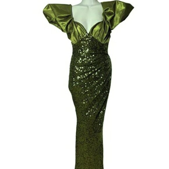 ASOS Design Olive Green Puff Sleeve Satin Sequin Maxi Sheath Dress - Picture 2 of 5